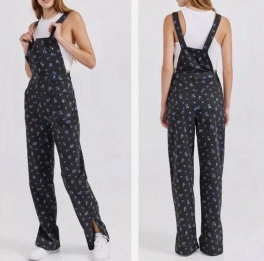 WeWoreWhat Women’s Slouchy Fit Watercolor Floral Black Denim Slit Overalls Sz S